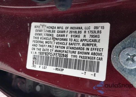 2015 Honda Civic Lx from USA, damaged, VIN 19XFB2F5XFE702846